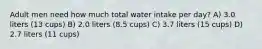 Adult men need how much total water intake per day? A) 3.0 liters (13 cups) B) 2.0 liters (8.5 cups) C) 3.7 liters (15 cups) D) 2.7 liters (11 cups)