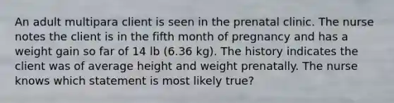 An adult multipara client is seen in the prenatal clinic. The nurse notes the client is in the fifth month of pregnancy and has a weight gain so far of 14 lb (6.36 kg). The history indicates the client was of average height and weight prenatally. The nurse knows which statement is most likely true?