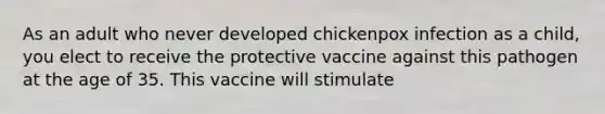 As an adult who never developed chickenpox infection as a child, you elect to receive the protective vaccine against this pathogen at the age of 35. This vaccine will stimulate