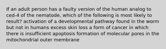 If an adult person has a faulty version of the human analog to ced-4 of the nematode, which of the following is most likely to result? activation of a developmental pathway found in the worm but not in humans excess skin loss a form of cancer in which there is insufficient apoptosis formation of molecular pores in the mitochondrial outer membrane