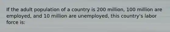 If the adult population of a country is 200 million, 100 million are employed, and 10 million are unemployed, this country's labor force is: