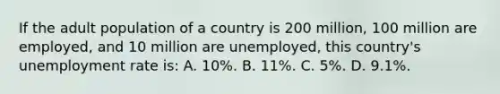 If the adult population of a country is 200 million, 100 million are employed, and 10 million are unemployed, this country's unemployment rate is: A. 10%. B. 11%. C. 5%. D. 9.1%.