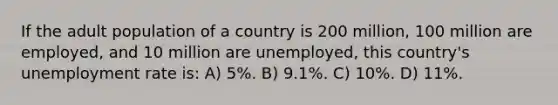 If the adult population of a country is 200 million, 100 million are employed, and 10 million are unemployed, this country's unemployment rate is: A) 5%. B) 9.1%. C) 10%. D) 11%.