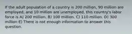 If the adult population of a country is 200 million, 90 million are employed, and 10 million are unemployed, this country's labor force is A) 200 million. B) 100 million. C) 110 million. D) 300 million E) There is not enough information to answer this question.