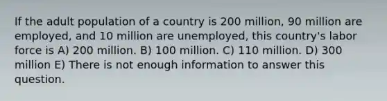 If the adult population of a country is 200 million, 90 million are employed, and 10 million are unemployed, this country's labor force is A) 200 million. B) 100 million. C) 110 million. D) 300 million E) There is not enough information to answer this question.