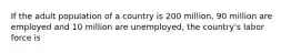 If the adult population of a country is 200 million, 90 million are employed and 10 million are unemployed, the country's labor force is