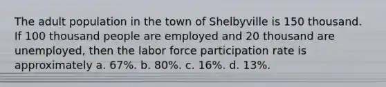 The adult population in the town of Shelbyville is 150 thousand. If 100 thousand people are employed and 20 thousand are unemployed, then the labor force participation rate is approximately a. 67%. b. 80%. c. 16%. d. 13%.