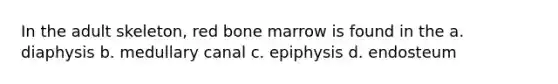 In the adult skeleton, red bone marrow is found in the a. diaphysis b. medullary canal c. epiphysis d. endosteum