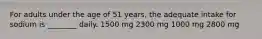 For adults under the age of 51 years, the adequate intake for sodium is ________ daily. 1500 mg 2300 mg 1000 mg 2800 mg