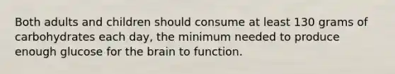 Both adults and children should consume at least 130 grams of carbohydrates each day, the minimum needed to produce enough glucose for <a href='https://www.questionai.com/knowledge/kLMtJeqKp6-the-brain' class='anchor-knowledge'>the brain</a> to function.