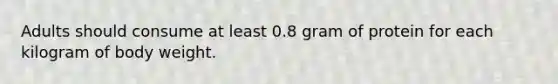 Adults should consume at least 0.8 gram of protein for each kilogram of body weight.