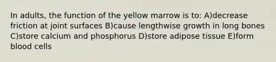 In adults, the function of the yellow marrow is to: A)decrease friction at joint surfaces B)cause lengthwise growth in long bones C)store calcium and phosphorus D)store adipose tissue E)form blood cells