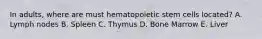 In adults, where are must hematopoietic stem cells located? A. Lymph nodes B. Spleen C. Thymus D. Bone Marrow E. Liver