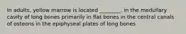 In adults, yellow marrow is located ________. in the medullary cavity of long bones primarily in flat bones in the central canals of osteons in the epiphyseal plates of long bones