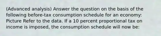 (Advanced analysis) Answer the question on the basis of the following before-tax consumption schedule for an economy: Picture Refer to the data. If a 10 percent proportional tax on income is imposed, the consumption schedule will now be: