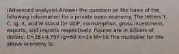 (Advanced analysis) Answer the question on the basis of the following information for a private open economy. The letters Y, C, Ig, X, and M stand for GDP, consumption, gross investment, exports, and imports respectively. Figures are in billions of dollars. C=26+0.75Y Ig=60 X=24 M=10 The multiplier for the above economy is: