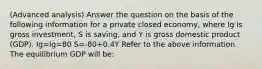 (Advanced analysis) Answer the question on the basis of the following information for a private closed economy, where Ig is gross investment, S is saving, and Y is gross domestic product (GDP). Ig=Ig=80 S=-80+0.4Y Refer to the above information. The equilibrium GDP will be: