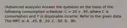 (Advanced analysis) Answer the question on the basis of the following consumption schedule: C = 20 + .9Y, where C is consumption and Y is disposable income. Refer to the given data. The MPC is: A. .45. B. .20. C. .50. D. .90.