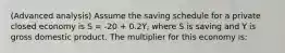 (Advanced analysis) Assume the saving schedule for a private closed economy is S = -20 + 0.2Y, where S is saving and Y is gross domestic product. The multiplier for this economy is: