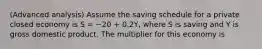 (Advanced analysis) Assume the saving schedule for a private closed economy is S = −20 + 0.2Y, where S is saving and Y is gross domestic product. The multiplier for this economy is