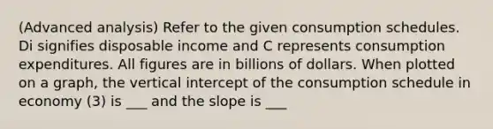 (Advanced analysis) Refer to the given consumption schedules. Di signifies disposable income and C represents consumption expenditures. All figures are in billions of dollars. When plotted on a graph, the vertical intercept of the consumption schedule in economy (3) is ___ and the slope is ___