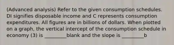 (Advanced analysis) Refer to the given consumption schedules. DI signifies disposable income and C represents consumption expenditures. All figures are in billions of dollars. When plotted on a graph, the vertical intercept of the consumption schedule in economy (3) is _________blank and the slope is _________b