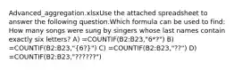 Advanced_aggregation.xlsxUse the attached spreadsheet to answer the following question.Which formula can be used to find: How many songs were sung by singers whose last names contain exactly six letters? A) =COUNTIF(B2:B23,"6*?") B) =COUNTIF(B2:B23,"(6?)") C) =COUNTIF(B2:B23,"??") D) =COUNTIF(B2:B23,"??????")