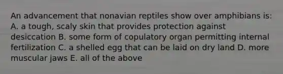 An advancement that nonavian reptiles show over amphibians is: A. a tough, scaly skin that provides protection against desiccation B. some form of copulatory organ permitting internal fertilization C. a shelled egg that can be laid on dry land D. more muscular jaws E. all of the above