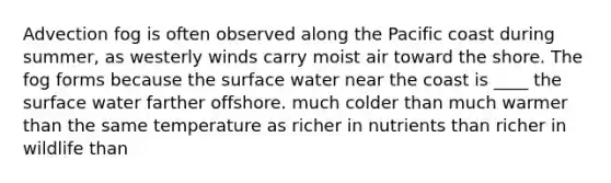 Advection fog is often observed along the Pacific coast during summer, as westerly winds carry moist air toward the shore. The fog forms because the surface water near the coast is ____ the surface water farther offshore. much colder than ​much warmer than ​the same temperature as ​richer in nutrients than ​richer in wildlife than