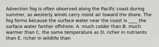 ​Advection fog is often observed along the Pacific coast during summer, as westerly winds carry moist air toward the shore. The fog forms because the surface water near the coast is ____ the surface water farther offshore. ​A. much colder than B. ​much warmer than ​C. the same temperature as D. ​richer in nutrients than ​E. richer in wildlife than