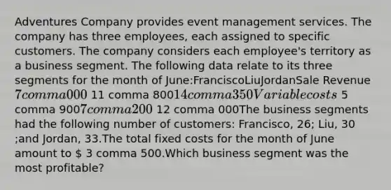 Adventures Company provides event management services. The company has three​ employees, each assigned to specific customers. The company considers each​ employee's territory as a business segment. The following data relate to its three segments for the month of​ June:FranciscoLiuJordanSale Revenue7 comma 000 11 comma 80014 comma 350Variable costs 5 comma 9007 comma 200 12 comma 000The business segments had the following number of​ customers: Francisco, 26​; Liu, 30​;and​ Jordan, 33.The total fixed costs for the month of June amount to  3 comma 500.Which business segment was the most​ profitable?