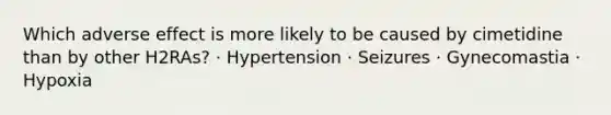 Which adverse effect is more likely to be caused by cimetidine than by other H2RAs? · Hypertension · Seizures · Gynecomastia · Hypoxia