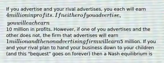 If you advertise and your rival advertises, you each will earn 4 million in profits. If neither of you advertise, you will each earn10 million in profits. However, if one of you advertises and the other does not, the firm that advertises will earn 1 million and the non advertising firm will earn5 million. If you and your rival plan to hand your business down to your children (and this "bequest" goes on forever) then a Nash equilibrium is