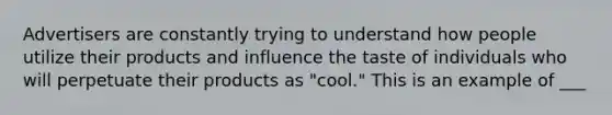 Advertisers are constantly trying to understand how people utilize their products and influence the taste of individuals who will perpetuate their products as "cool." This is an example of ___