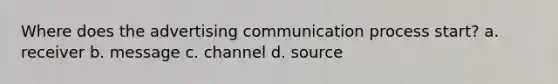 Where does the advertising communication process start? a. receiver b. message c. channel d. source