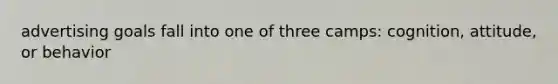 advertising goals fall into one of three camps: cognition, attitude, or behavior