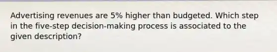 Advertising revenues are 5% higher than budgeted. Which step in the five-step decision-making process is associated to the given description?