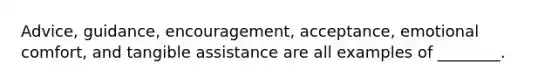 Advice, guidance, encouragement, acceptance, emotional comfort, and tangible assistance are all examples of ________.