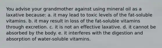 You advise your grandmother against using mineral oil as a laxative because: a. it may lead to toxic levels of the fat-soluble vitamins. b. it may result in loss of the fat-soluble vitamins through excretion. c. it is not an effective laxative. d. it cannot be absorbed by the body. e. it interferes with the digestion and absorption of water-soluble vitamins.