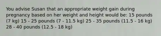 You advise Susan that an appropriate weight gain during pregnancy based on her weight and height would be: 15 pounds (7 kg) 15 - 25 pounds (7 - 11.5 kg) 25 - 35 pounds (11.5 - 16 kg) 28 - 40 pounds (12.5 - 18 kg)