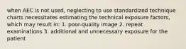 when AEC is not used, neglecting to use standardized technique charts necessitates estimating the technical exposure factors, which may result in: 1. poor-quality image 2. repeat examinations 3. additional and unnecessary exposure for the patient