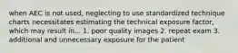 when AEC is not used, neglecting to use standardized technique charts necessitates estimating the technical exposure factor, which may result in... 1. poor quality images 2. repeat exam 3. additional and unnecessary exposure for the patient