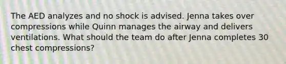 The AED analyzes and no shock is advised. Jenna takes over compressions while Quinn manages the airway and delivers ventilations. What should the team do after Jenna completes 30 chest compressions?