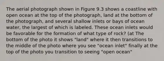 The aerial photograph shown in Figure 9.3 shows a coastline with open ocean at the top of the photograph, land at the bottom of the photograph, and several shallow inlets or bays of ocean water, the largest of which is labeled. These ocean inlets would be favorable for the formation of what type of rock? (at The bottom of the photo it shows "land" where it then transitions to the middle of the photo where you see "ocean inlet" finally at the top of the photo you transition to seeing "open ocean"