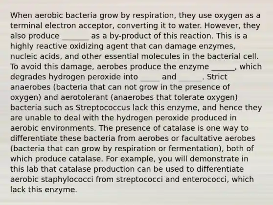 When aerobic bacteria grow by respiration, they use oxygen as a terminal electron acceptor, converting it to water. However, they also produce _______ as a by-product of this reaction. This is a highly reactive oxidizing agent that can damage enzymes, nucleic acids, and other essential molecules in the bacterial cell. To avoid this damage, aerobes produce the enzyme ______, which degrades hydrogen peroxide into _____ and ______. Strict anaerobes (bacteria that can not grow in the presence of oxygen) and aerotolerant (anaerobes that tolerate oxygen) bacteria such as Streptococcus lack this enzyme, and hence they are unable to deal with the hydrogen peroxide produced in aerobic environments. The presence of catalase is one way to differentiate these bacteria from aerobes or facultative aerobes (bacteria that can grow by respiration or fermentation), both of which produce catalase. For example, you will demonstrate in this lab that catalase production can be used to differentiate aerobic staphylococci from streptococci and enterococci, which lack this enzyme.