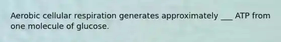 Aerobic <a href='https://www.questionai.com/knowledge/k1IqNYBAJw-cellular-respiration' class='anchor-knowledge'>cellular respiration</a> generates approximately ___ ATP from one molecule of glucose.