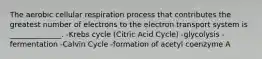 The aerobic cellular respiration process that contributes the greatest number of electrons to the electron transport system is ______________. -Krebs cycle (Citric Acid Cycle) -glycolysis -fermentation -Calvin Cycle -formation of acetyl coenzyme A