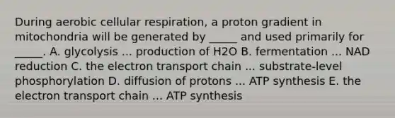 During aerobic cellular respiration, a proton gradient in mitochondria will be generated by _____ and used primarily for _____. A. glycolysis ... production of H2O B. fermentation ... NAD reduction C. the electron transport chain ... substrate-level phosphorylation D. diffusion of protons ... ATP synthesis E. the electron transport chain ... ATP synthesis