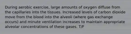 During aerobic exercise, large amounts of oxygen diffuse from the capillaries into the tissues. Increased levels of carbon dioxide move from the blood into the alveoli (where gas exchange occurs) and minute ventilation increases to maintain appropriate alveolar concentrations of these gases. T/F