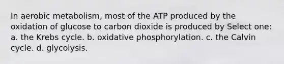 In aerobic metabolism, most of the ATP produced by the oxidation of glucose to carbon dioxide is produced by Select one: a. the Krebs cycle. b. oxidative phosphorylation. c. the Calvin cycle. d. glycolysis.